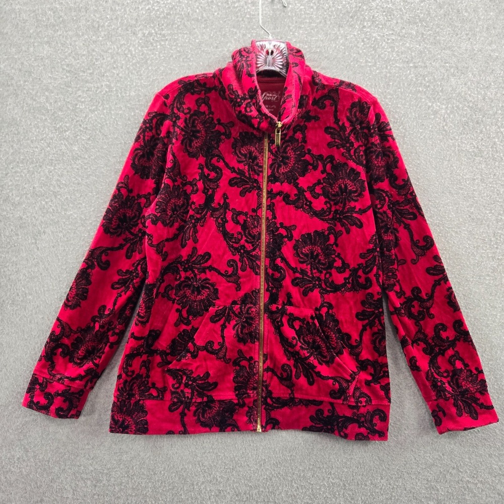 Style & Co Sport Women Jacket Medium Red Floral Velour Full Zip Mock Neck Pocket